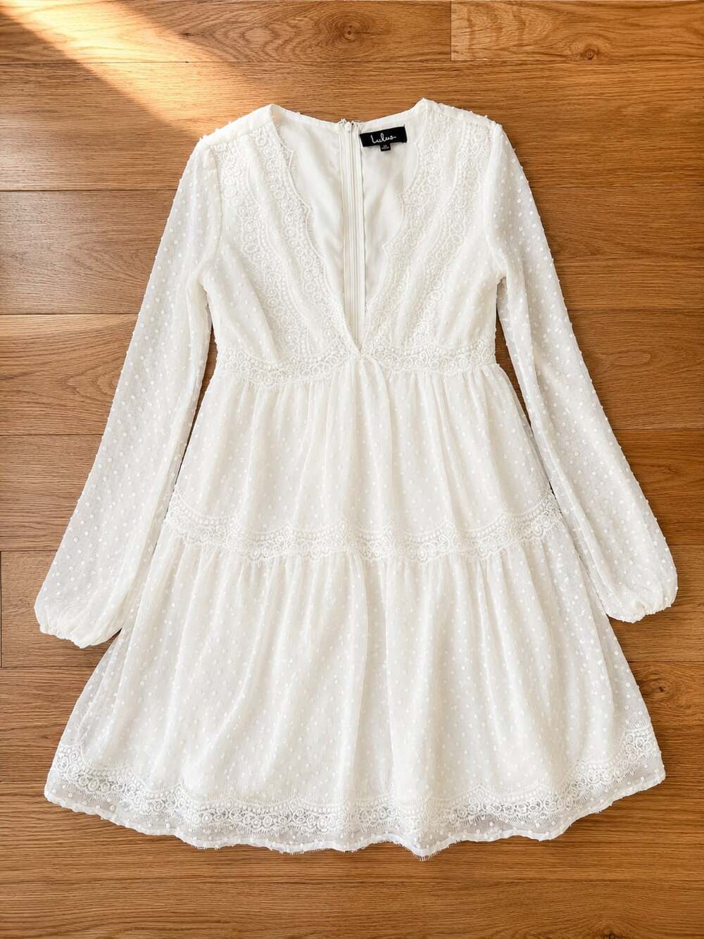 Lulus Women's Wistful Moment Swiss Dot Lace Trim V-Neck Mini Dress S